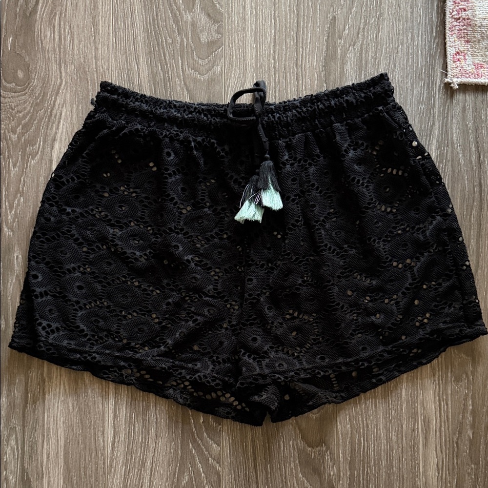 Aruba Blue Black Eyelet Lace Drawstring Shorts